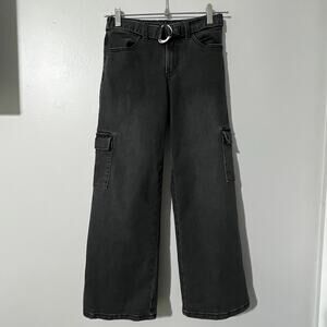 Justice Wide Leg Cargo Jeans Girls Size 10 Black Denim Belted